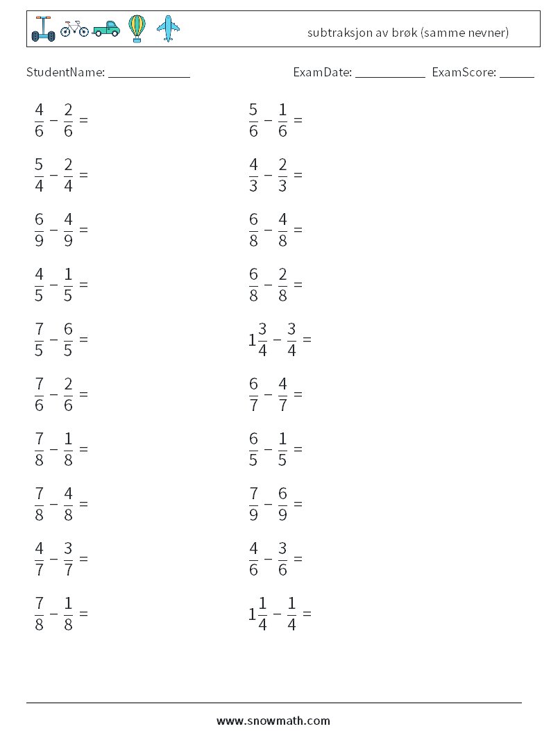 (20) subtraksjon av brøk (samme nevner) MathWorksheets 9