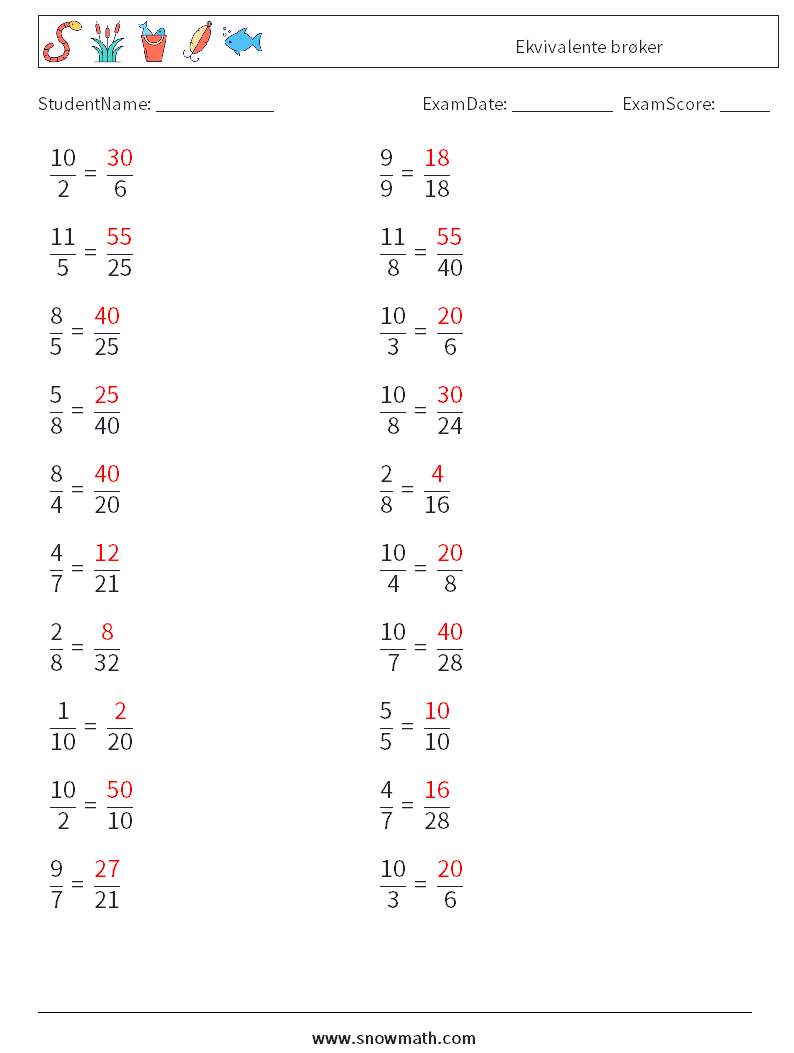 (20) Ekvivalente brøker MathWorksheets 1 QuestionAnswer