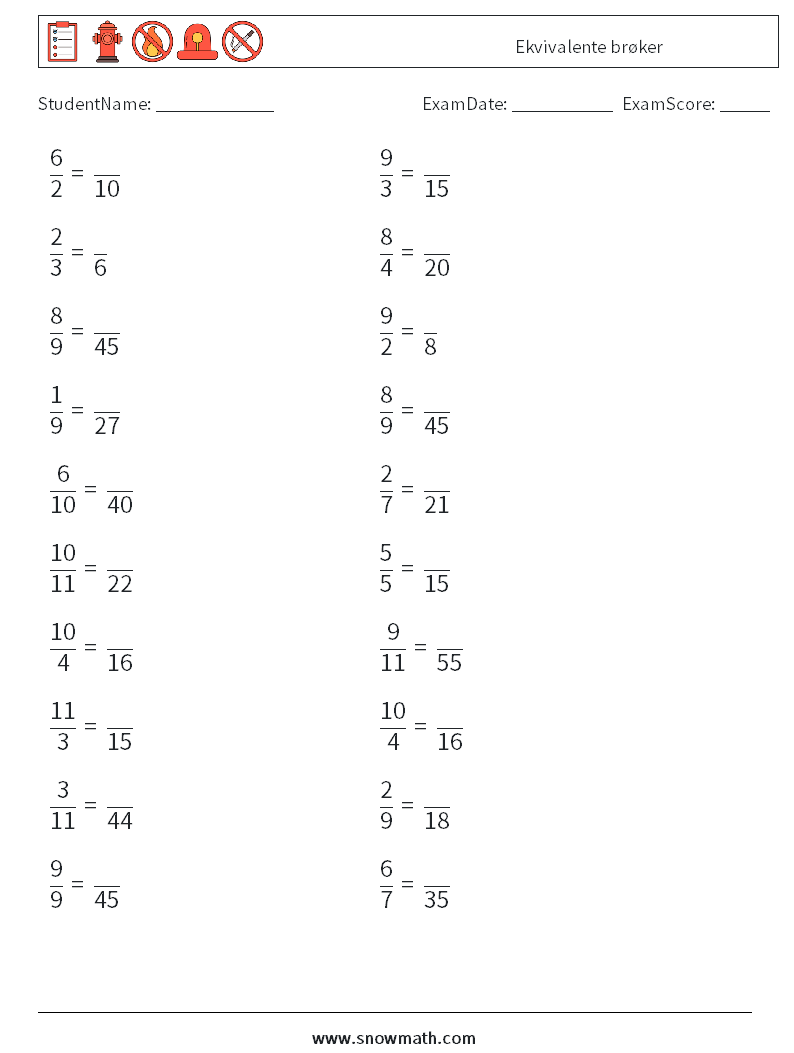 (20) Ekvivalente brøker MathWorksheets 2
