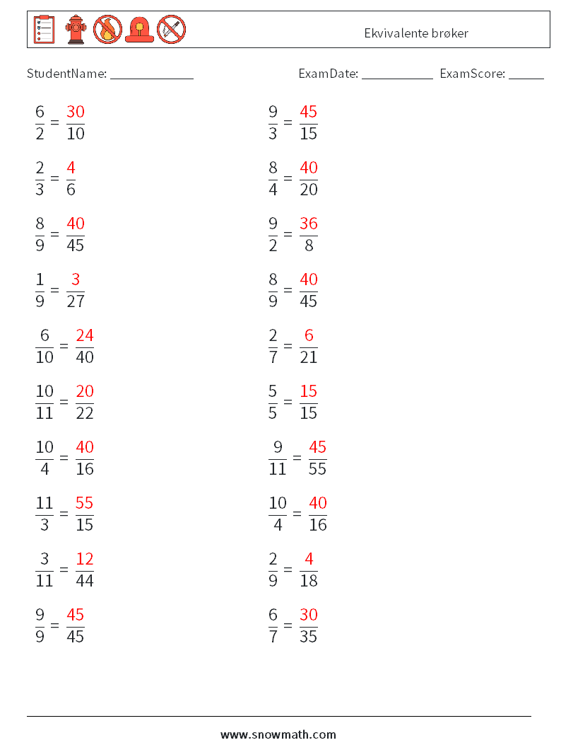(20) Ekvivalente brøker MathWorksheets 2 QuestionAnswer