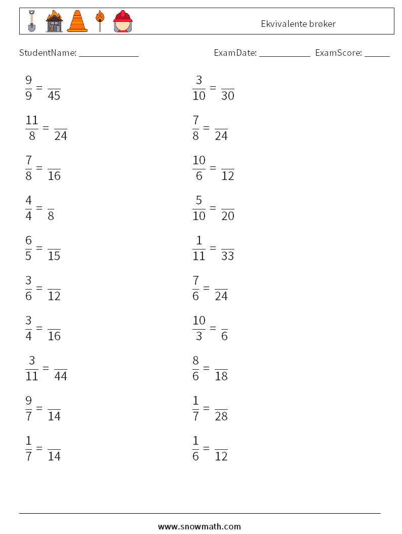 (20) Ekvivalente brøker MathWorksheets 3