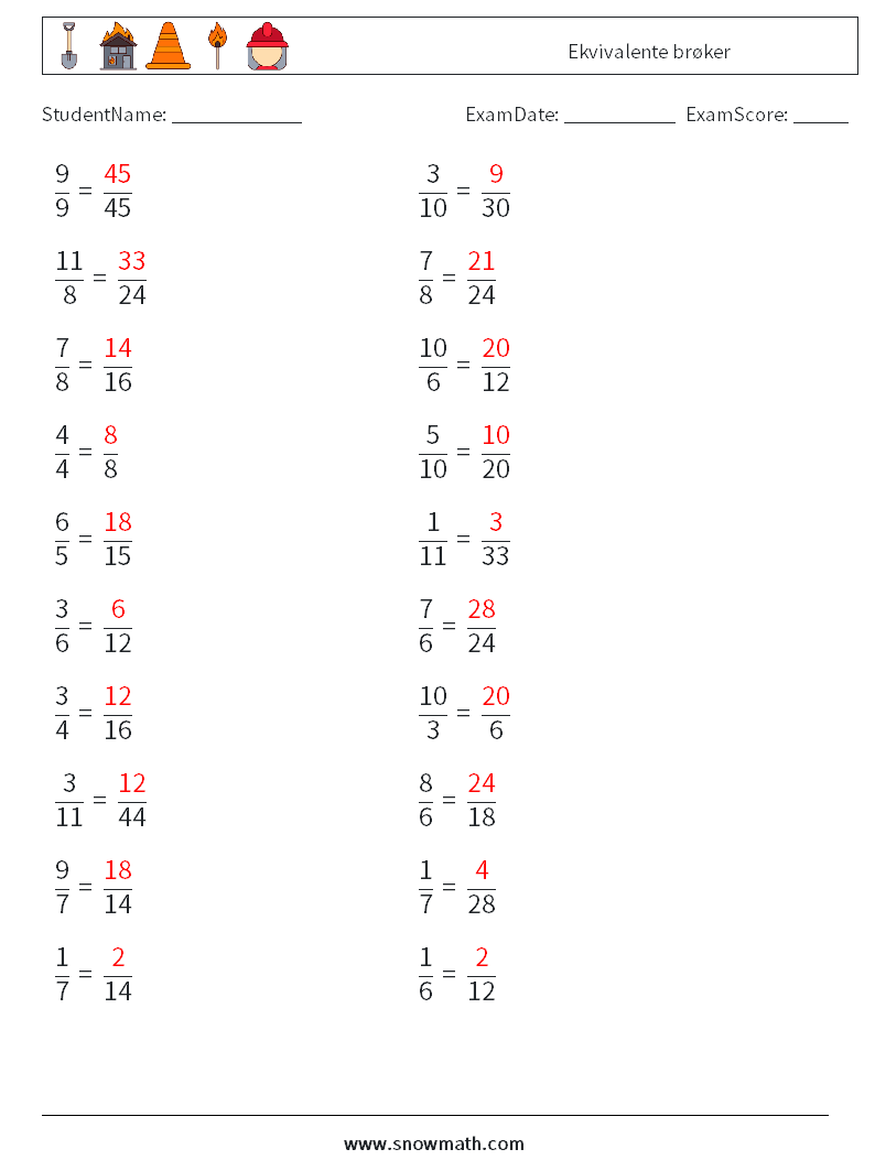 (20) Ekvivalente brøker MathWorksheets 3 QuestionAnswer