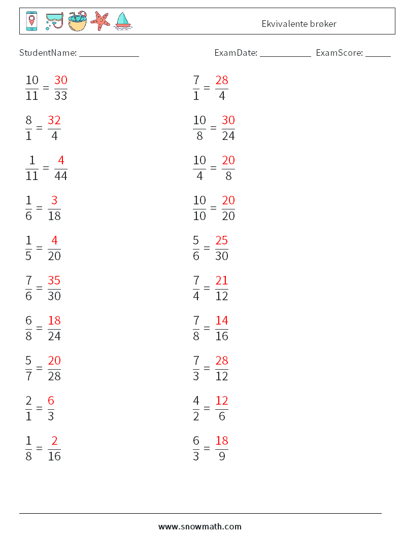 (20) Ekvivalente brøker MathWorksheets 5 QuestionAnswer