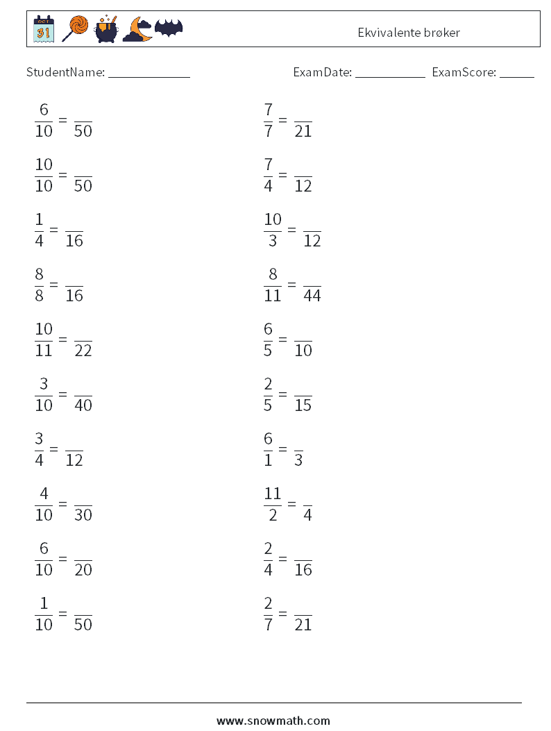 (20) Ekvivalente brøker MathWorksheets 6