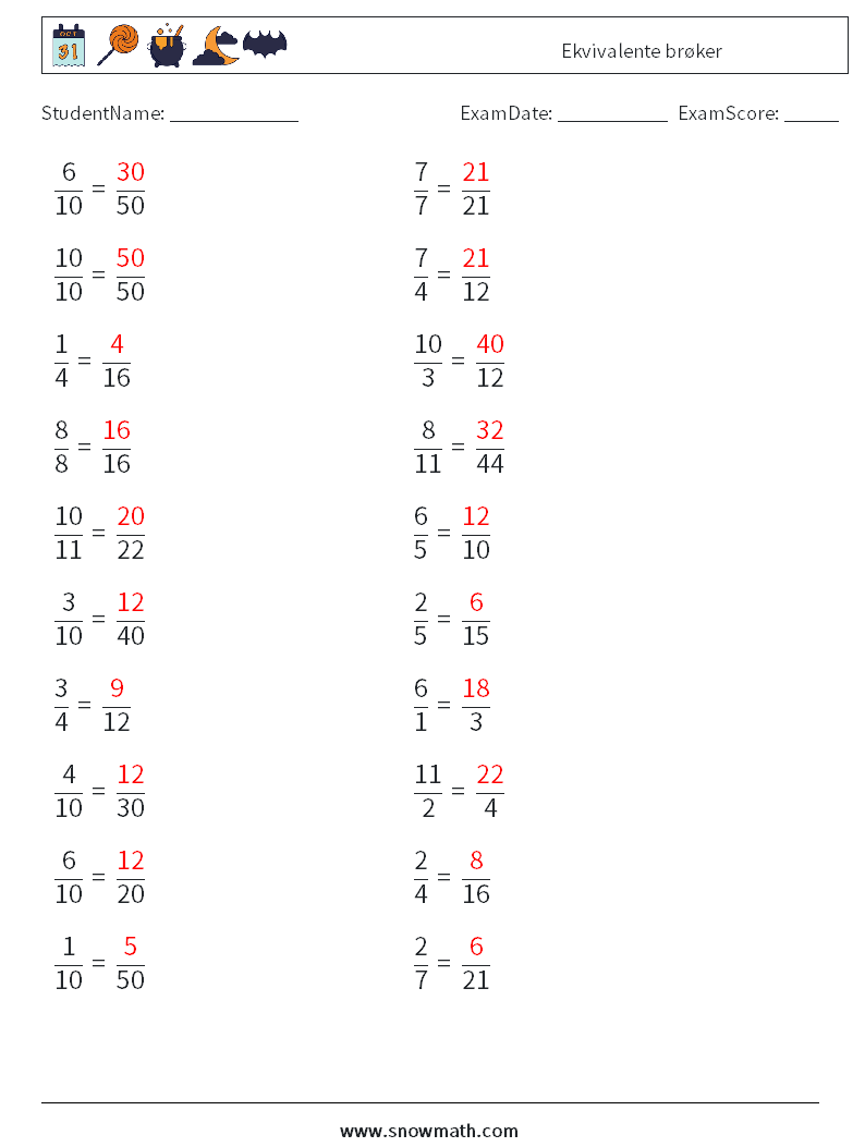 (20) Ekvivalente brøker MathWorksheets 6 QuestionAnswer
