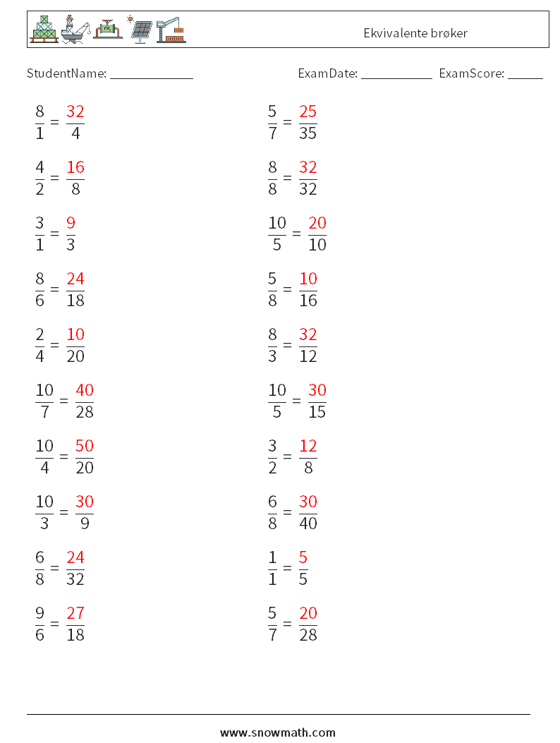(20) Ekvivalente brøker MathWorksheets 7 QuestionAnswer