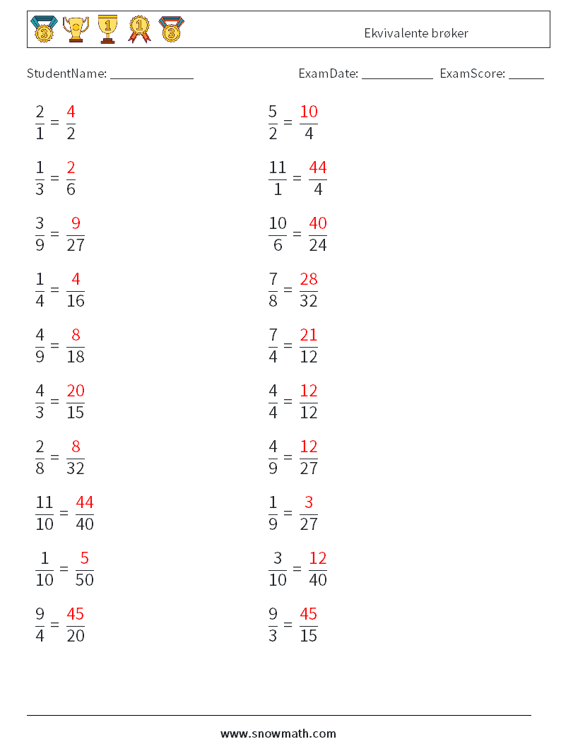 (20) Ekvivalente brøker MathWorksheets 8 QuestionAnswer