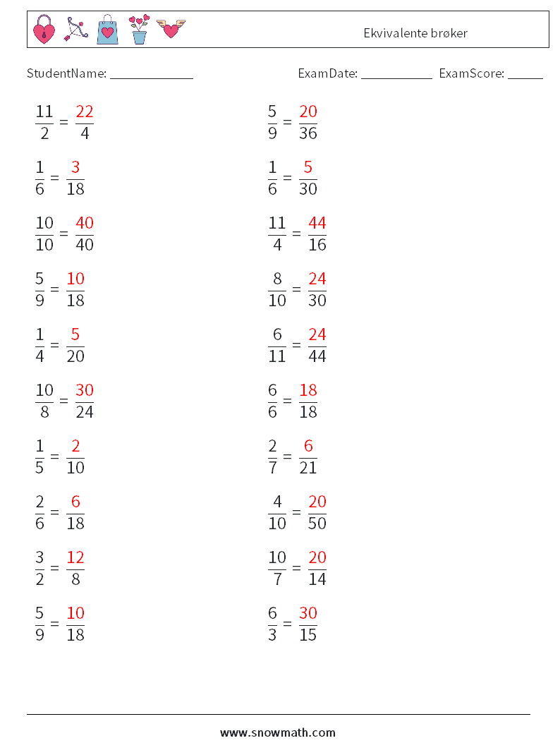 (20) Ekvivalente brøker MathWorksheets 9 QuestionAnswer