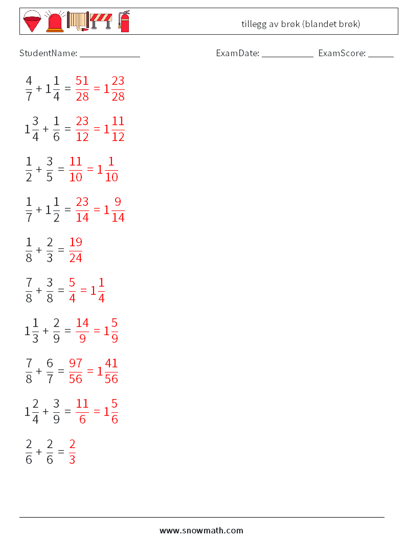 (10) tillegg av brøk (blandet brøk) MathWorksheets 11 QuestionAnswer