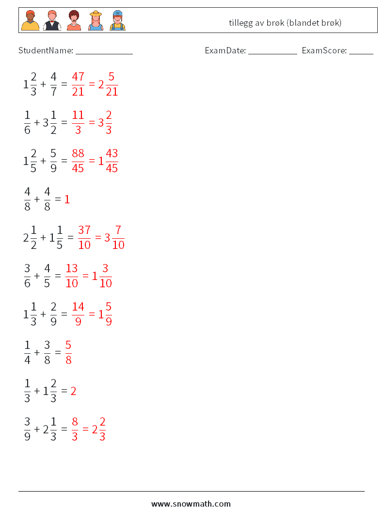 (10) tillegg av brøk (blandet brøk) MathWorksheets 16 QuestionAnswer