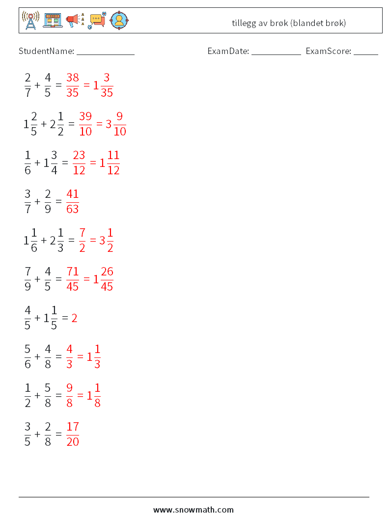 (10) tillegg av brøk (blandet brøk) MathWorksheets 17 QuestionAnswer