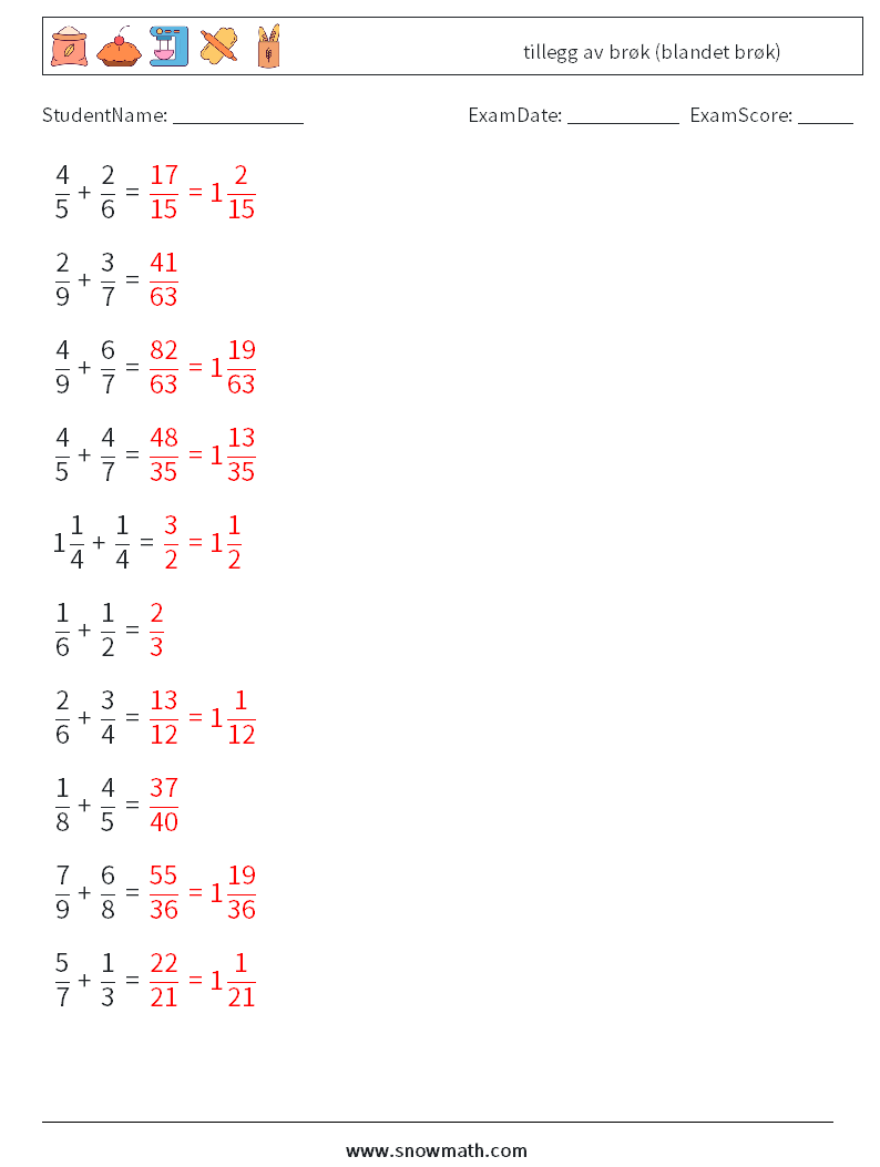 (10) tillegg av brøk (blandet brøk) MathWorksheets 18 QuestionAnswer