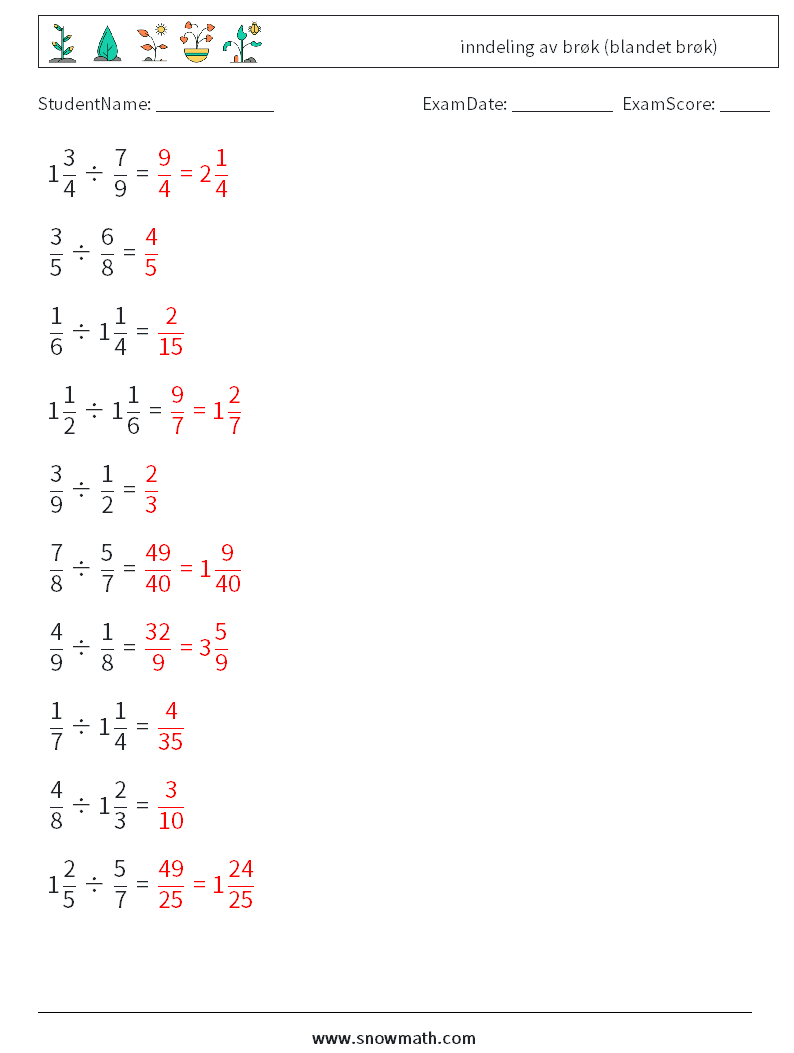 (10) inndeling av brøk (blandet brøk) MathWorksheets 11 QuestionAnswer