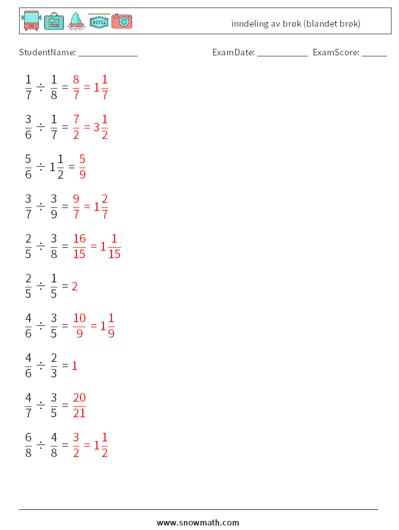 (10) inndeling av brøk (blandet brøk) MathWorksheets 14 QuestionAnswer