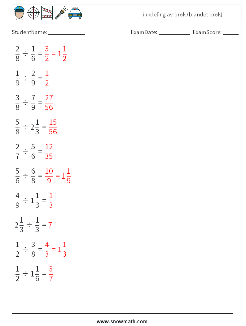 (10) inndeling av brøk (blandet brøk) MathWorksheets 15 QuestionAnswer