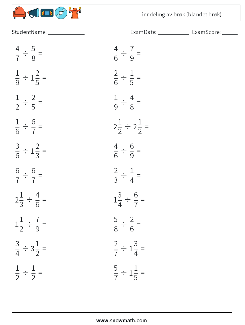 (20) inndeling av brøk (blandet brøk) MathWorksheets 10