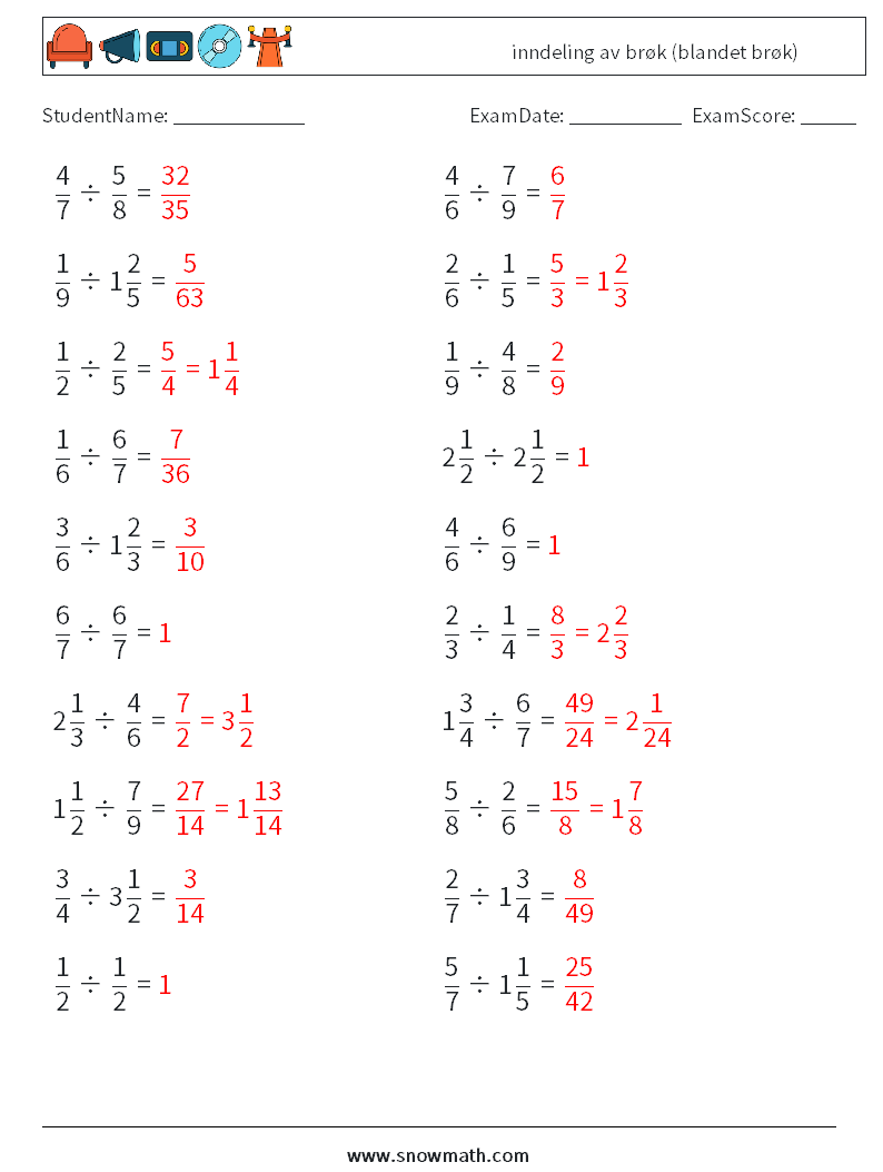 (20) inndeling av brøk (blandet brøk) MathWorksheets 10 QuestionAnswer