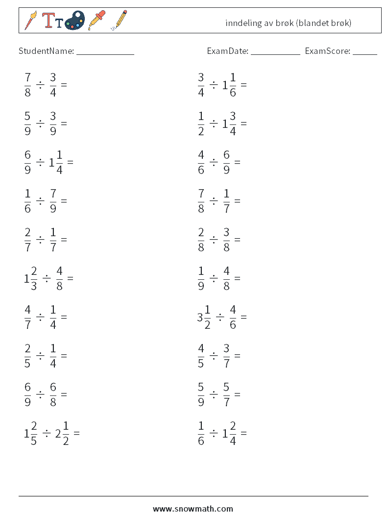 (20) inndeling av brøk (blandet brøk) MathWorksheets 11