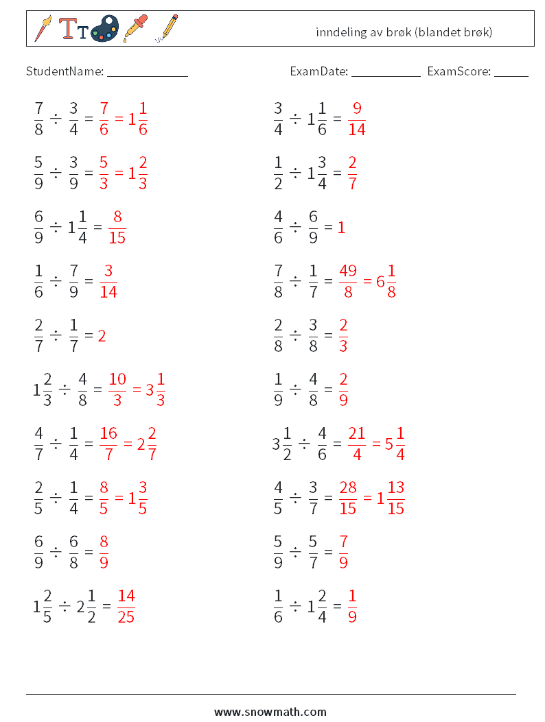 (20) inndeling av brøk (blandet brøk) MathWorksheets 11 QuestionAnswer