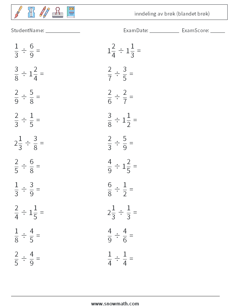 (20) inndeling av brøk (blandet brøk) MathWorksheets 12