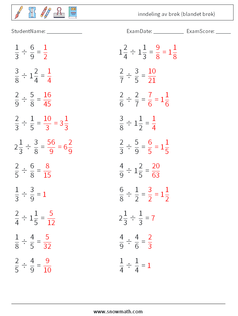 (20) inndeling av brøk (blandet brøk) MathWorksheets 12 QuestionAnswer