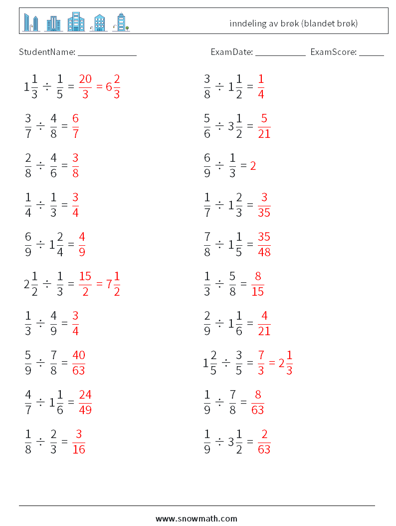 (20) inndeling av brøk (blandet brøk) MathWorksheets 13 QuestionAnswer