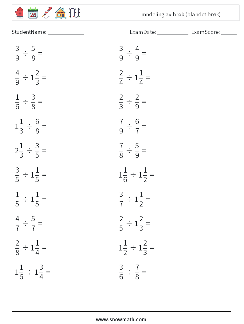 (20) inndeling av brøk (blandet brøk) MathWorksheets 14