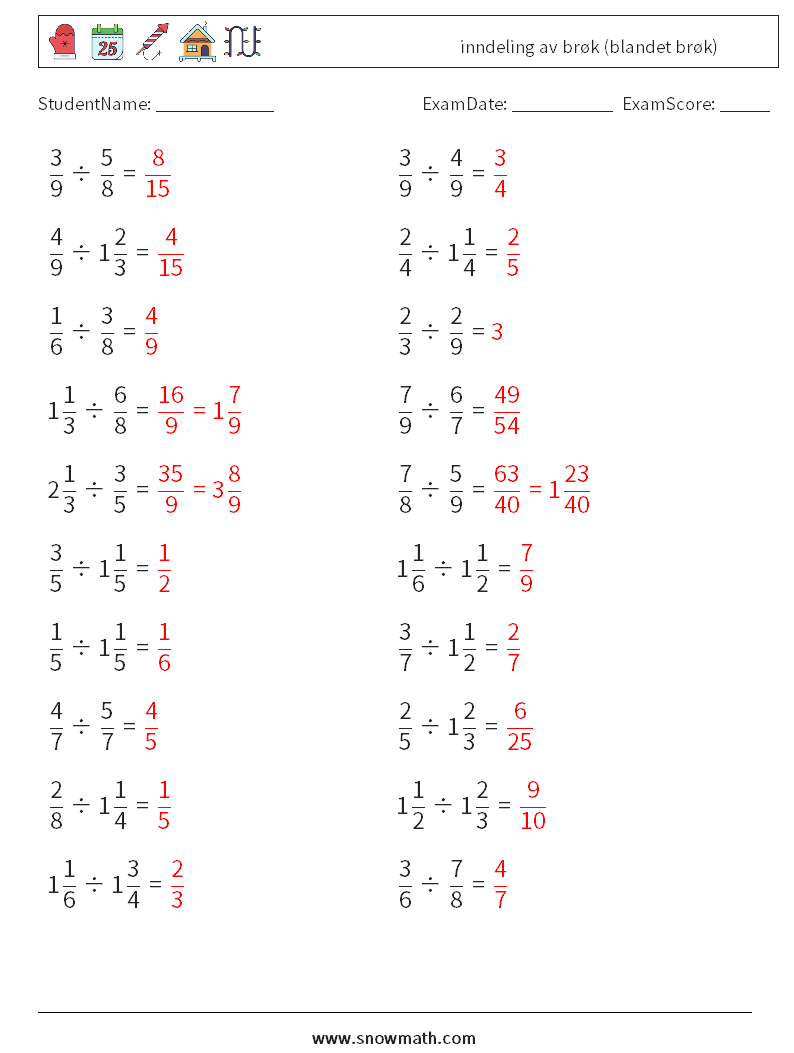 (20) inndeling av brøk (blandet brøk) MathWorksheets 14 QuestionAnswer