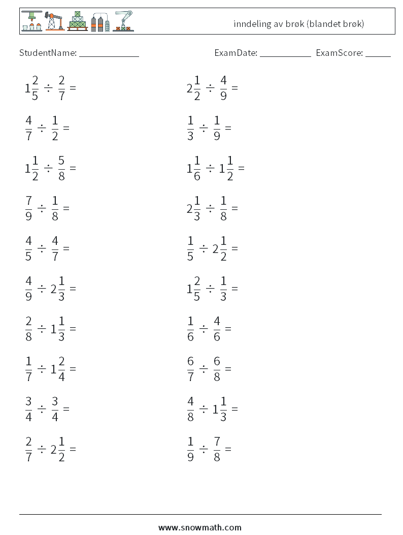 (20) inndeling av brøk (blandet brøk) MathWorksheets 15