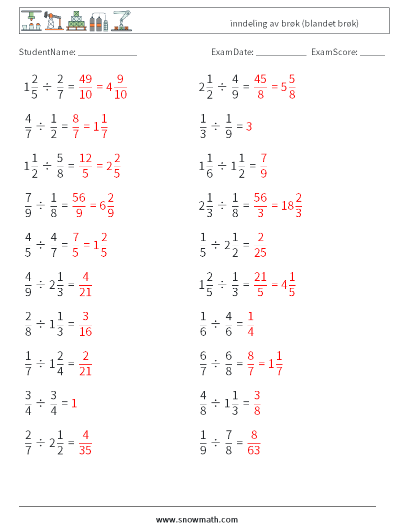 (20) inndeling av brøk (blandet brøk) MathWorksheets 15 QuestionAnswer