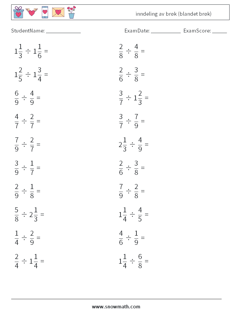 (20) inndeling av brøk (blandet brøk) MathWorksheets 16