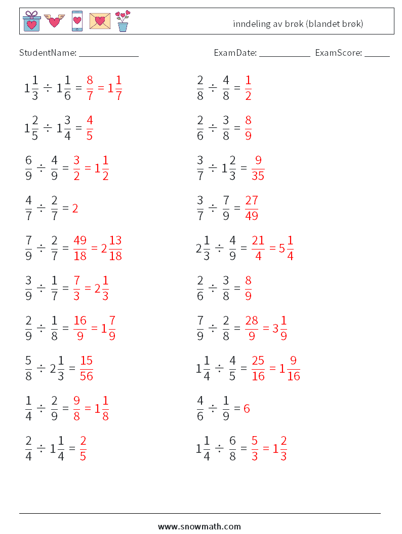 (20) inndeling av brøk (blandet brøk) MathWorksheets 16 QuestionAnswer