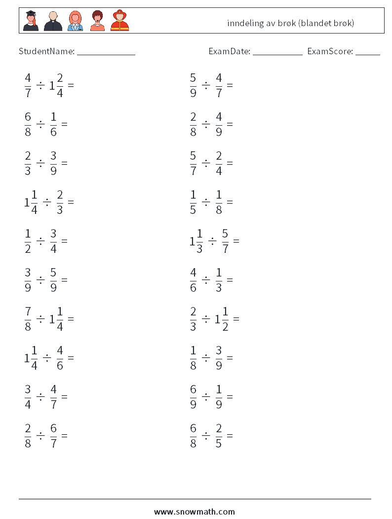 (20) inndeling av brøk (blandet brøk) MathWorksheets 17