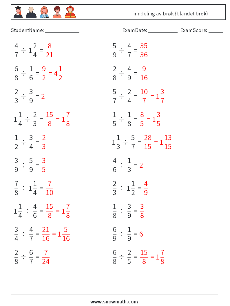 (20) inndeling av brøk (blandet brøk) MathWorksheets 17 QuestionAnswer