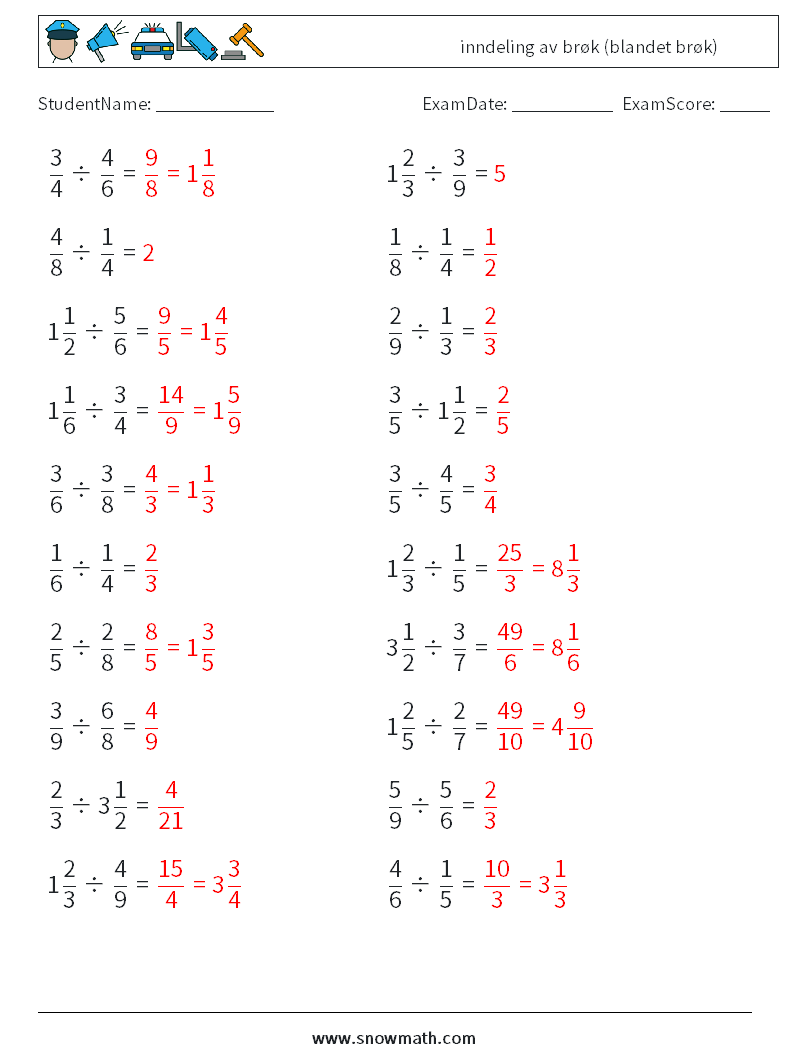 (20) inndeling av brøk (blandet brøk) MathWorksheets 18 QuestionAnswer