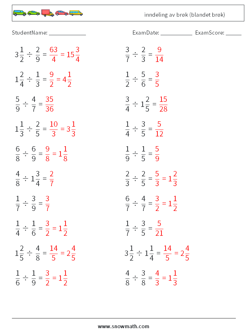 (20) inndeling av brøk (blandet brøk) MathWorksheets 1 QuestionAnswer