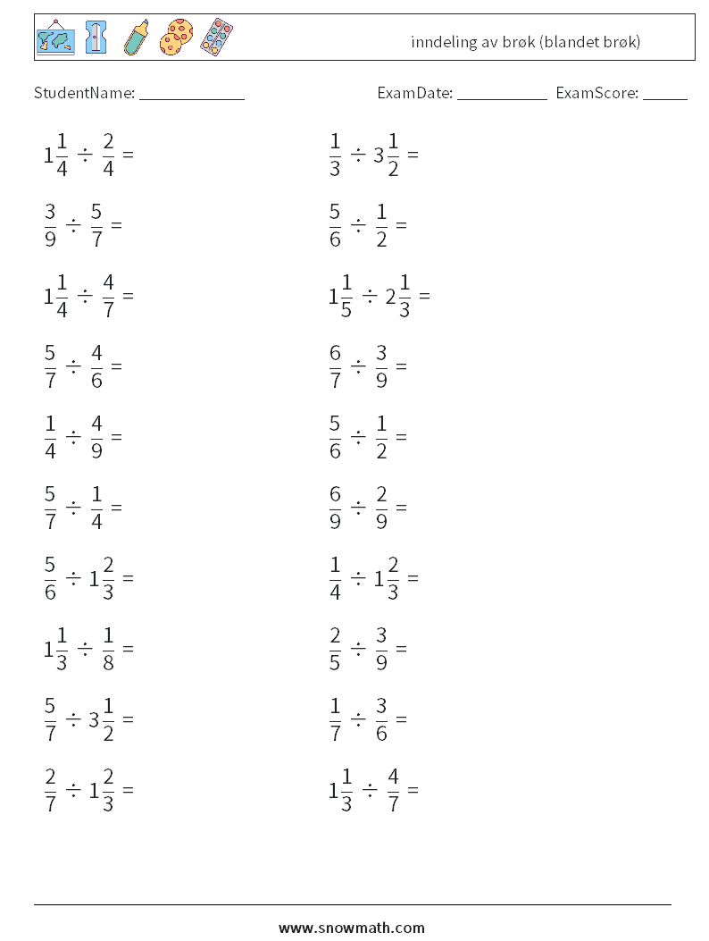 (20) inndeling av brøk (blandet brøk) MathWorksheets 2