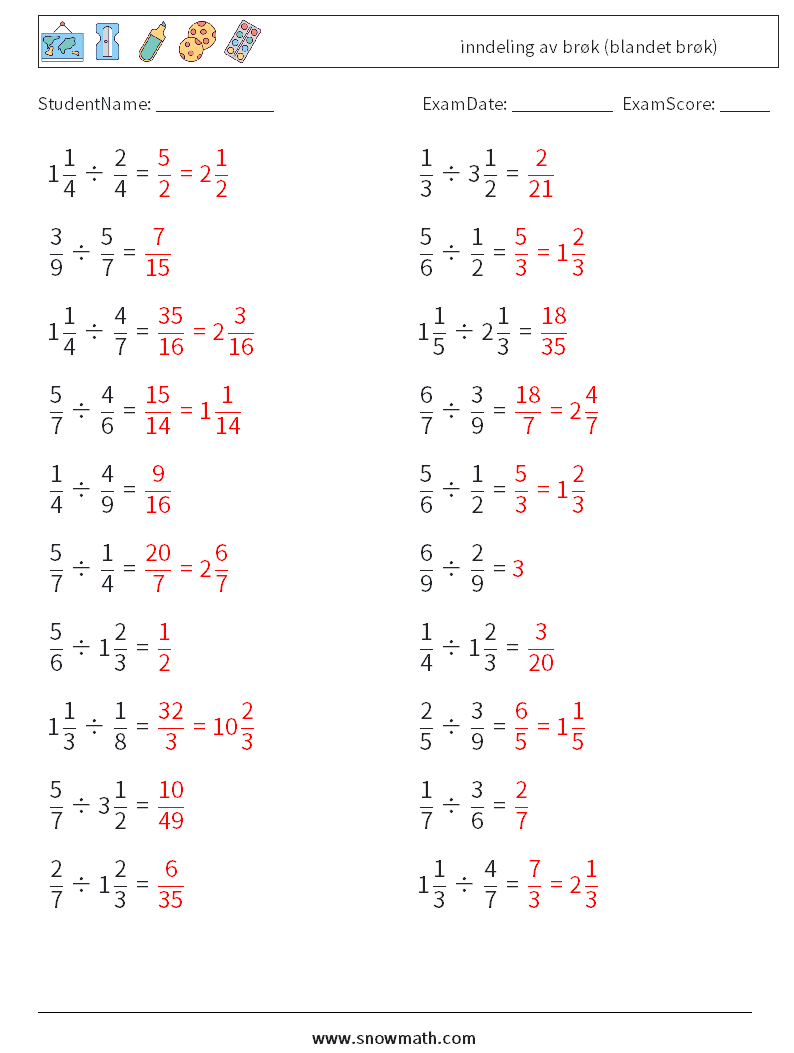 (20) inndeling av brøk (blandet brøk) MathWorksheets 2 QuestionAnswer
