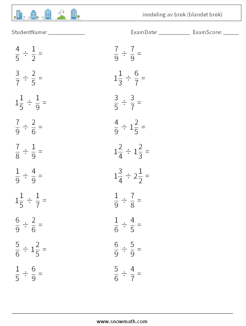 (20) inndeling av brøk (blandet brøk) MathWorksheets 3