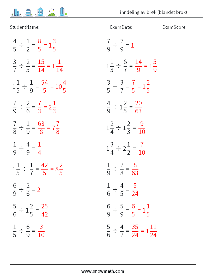(20) inndeling av brøk (blandet brøk) MathWorksheets 3 QuestionAnswer