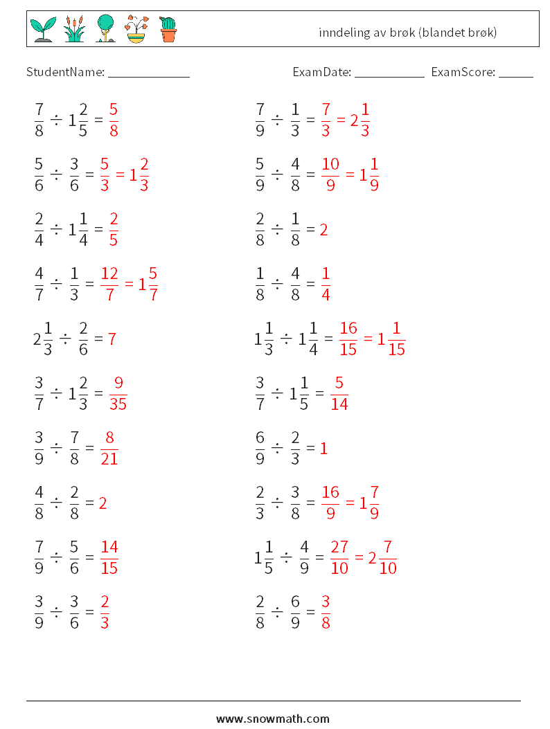 (20) inndeling av brøk (blandet brøk) MathWorksheets 4 QuestionAnswer