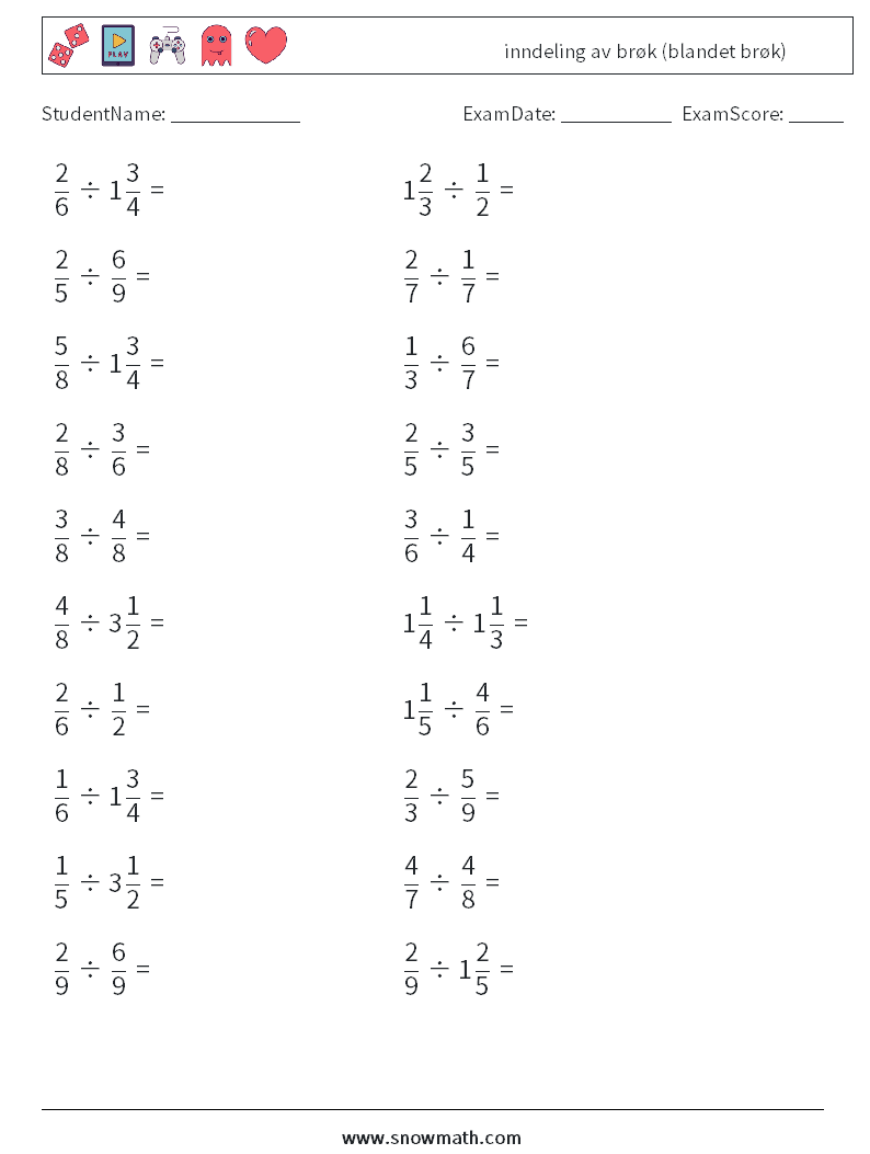 (20) inndeling av brøk (blandet brøk) MathWorksheets 6