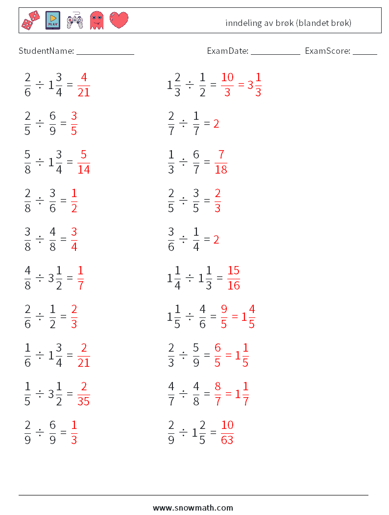 (20) inndeling av brøk (blandet brøk) MathWorksheets 6 QuestionAnswer