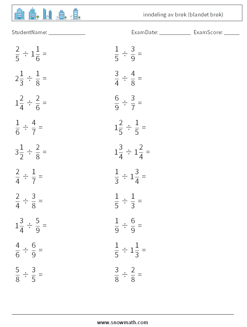 (20) inndeling av brøk (blandet brøk) MathWorksheets 7