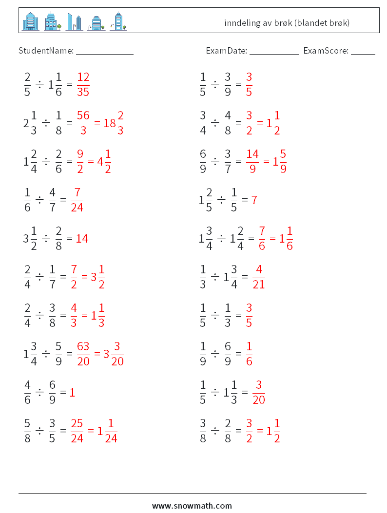 (20) inndeling av brøk (blandet brøk) MathWorksheets 7 QuestionAnswer