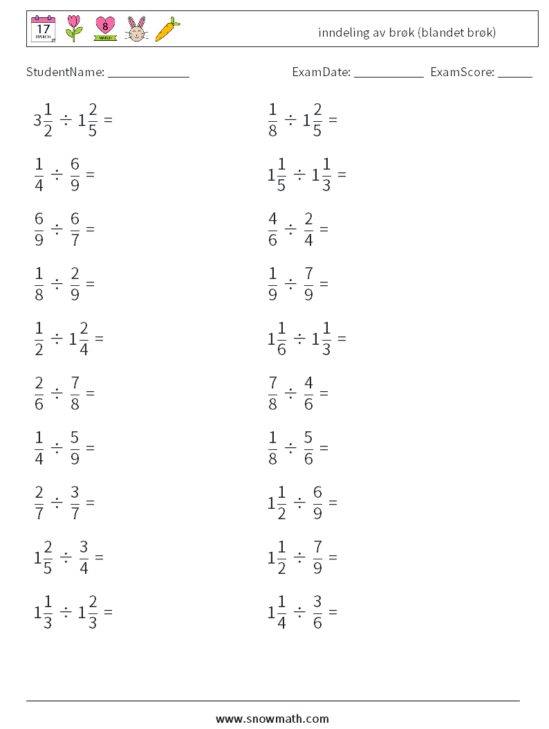 (20) inndeling av brøk (blandet brøk) MathWorksheets 8