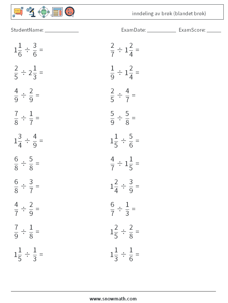 (20) inndeling av brøk (blandet brøk) MathWorksheets 9