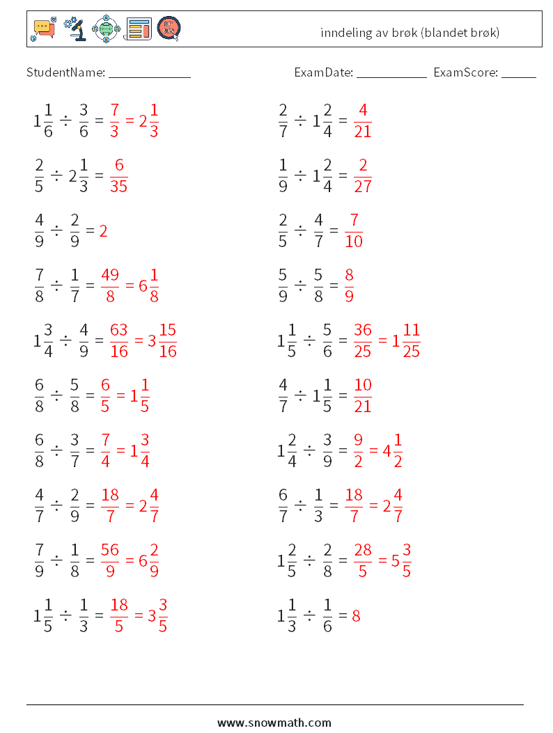 (20) inndeling av brøk (blandet brøk) MathWorksheets 9 QuestionAnswer