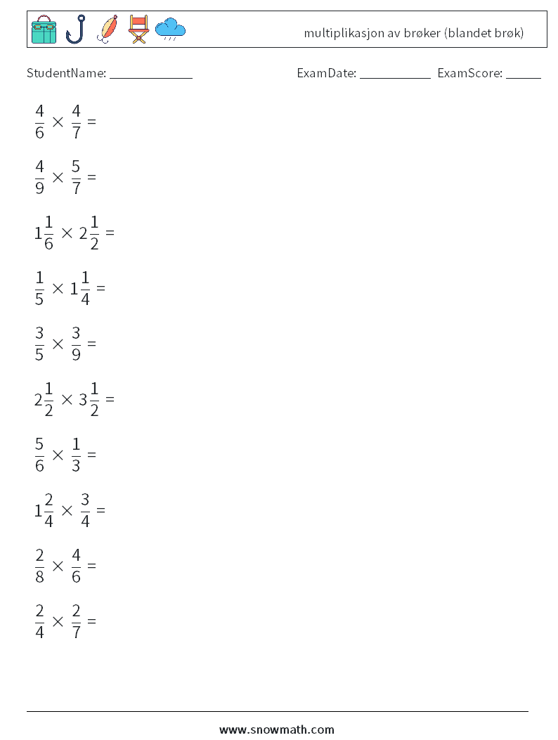 (10) multiplikasjon av brøker (blandet brøk) MathWorksheets 10