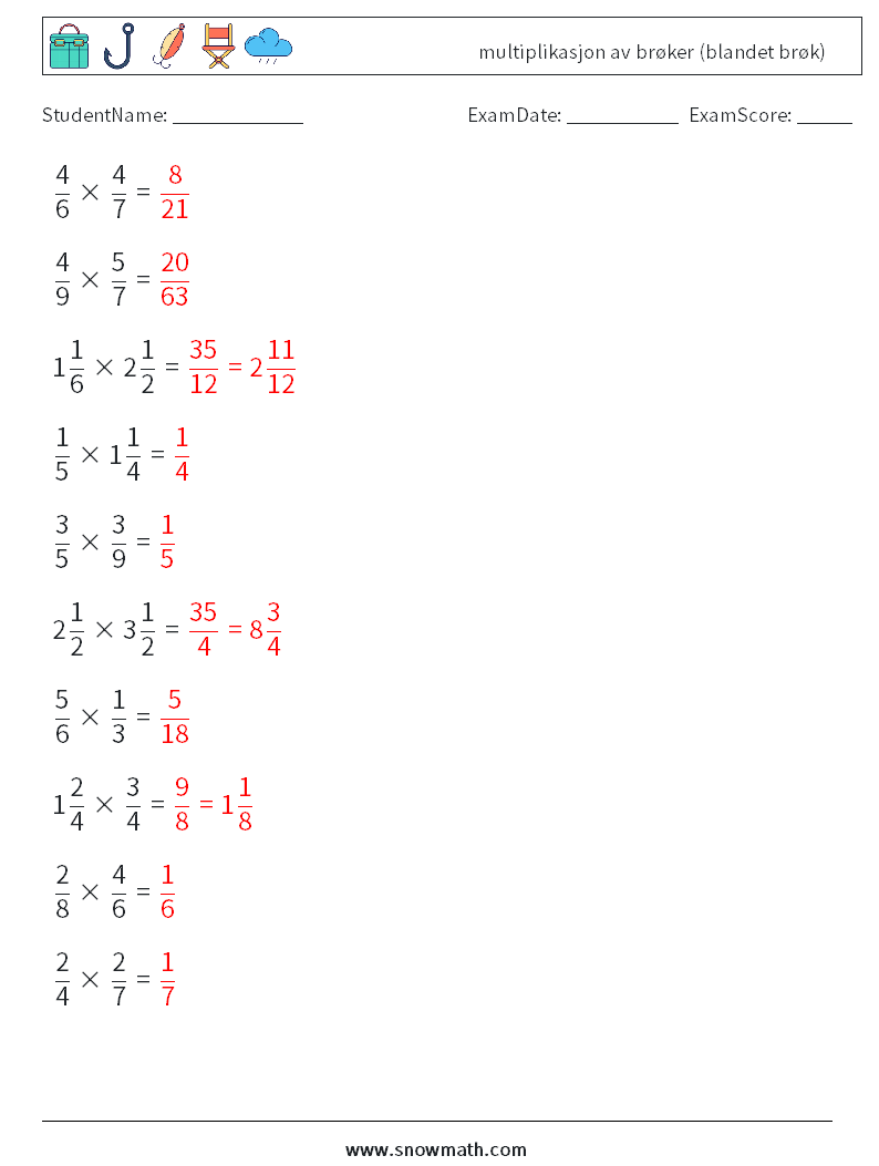(10) multiplikasjon av brøker (blandet brøk) MathWorksheets 10 QuestionAnswer